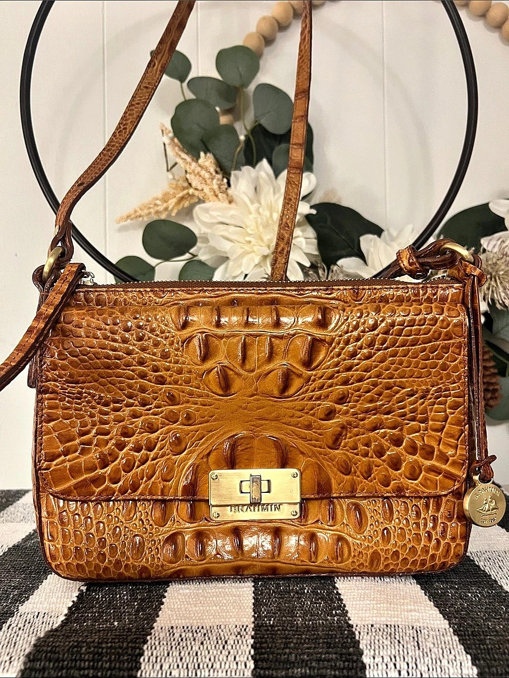 Brahmin Sonny Melbourne Pecan Brown Croc Embossed Leather Crossbody Bag